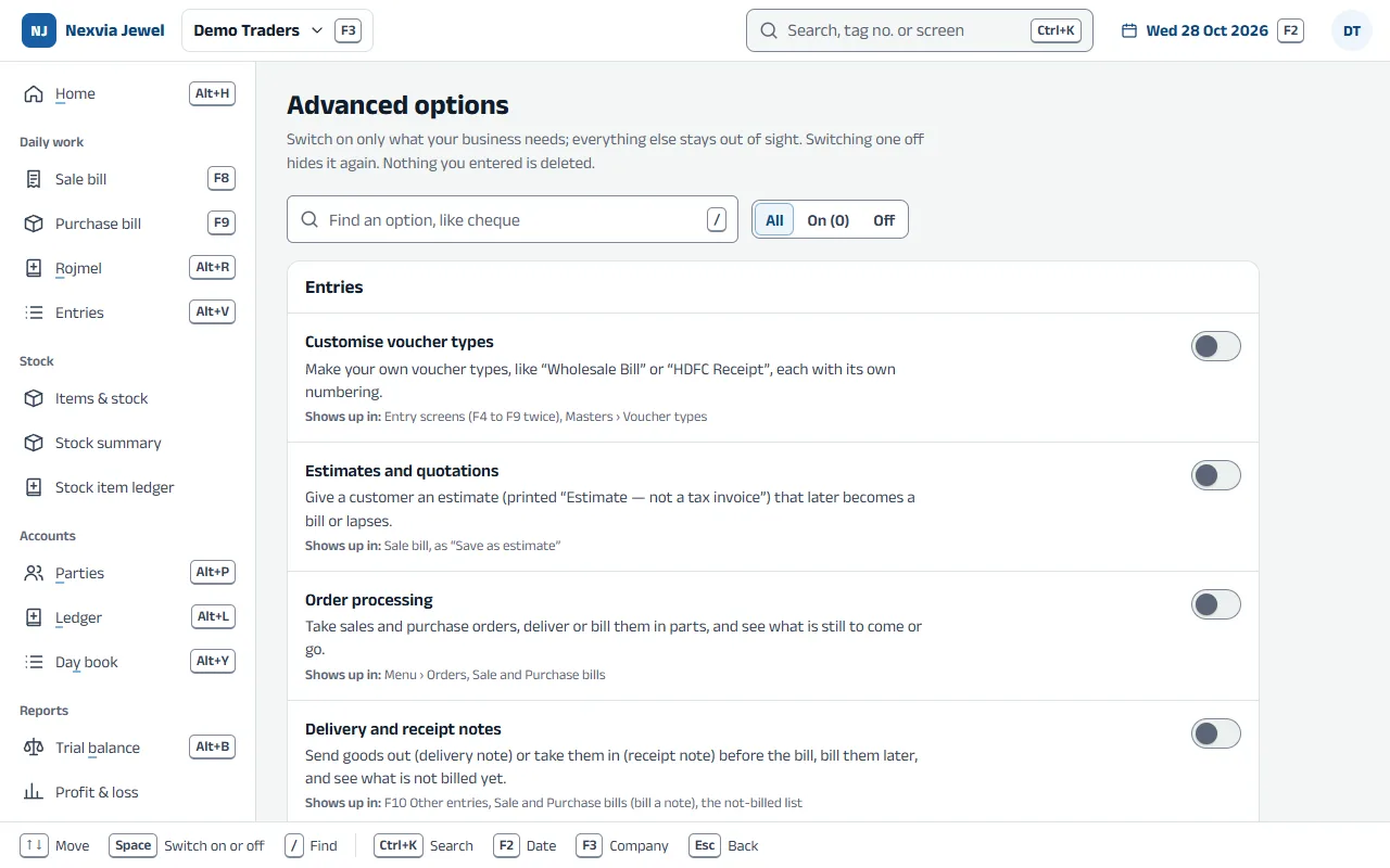 Screenshot of Advanced options in the app, with sample data
