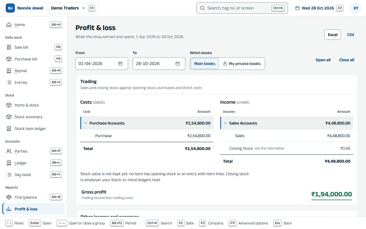 Screenshot of the profit and loss statement in the app, with sample data