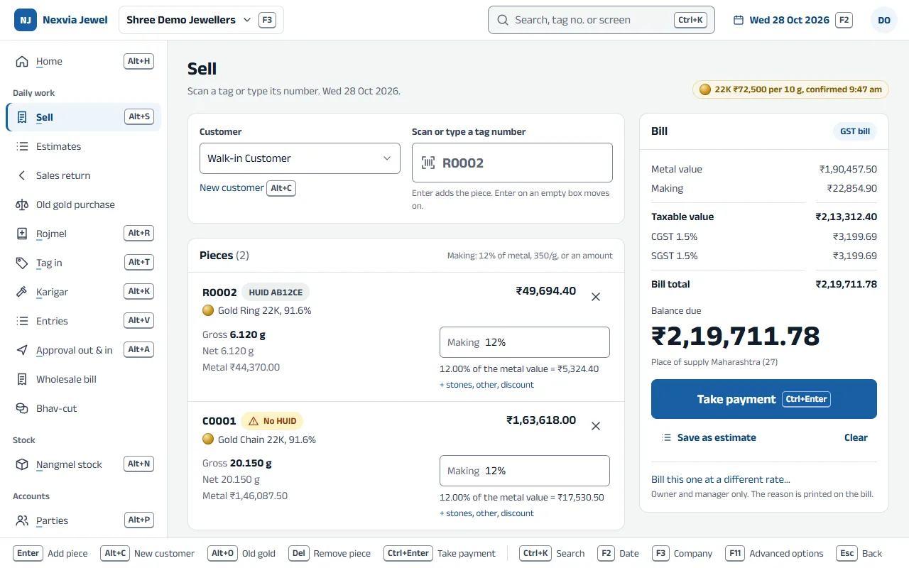 Screenshot of the counter bill in the app, with sample data